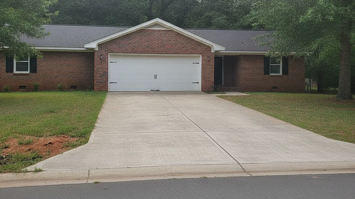 Finished concrete driveway at a brick ranch home in Jackson, Mississippi, with red Yazoo clay visible at the slab edge