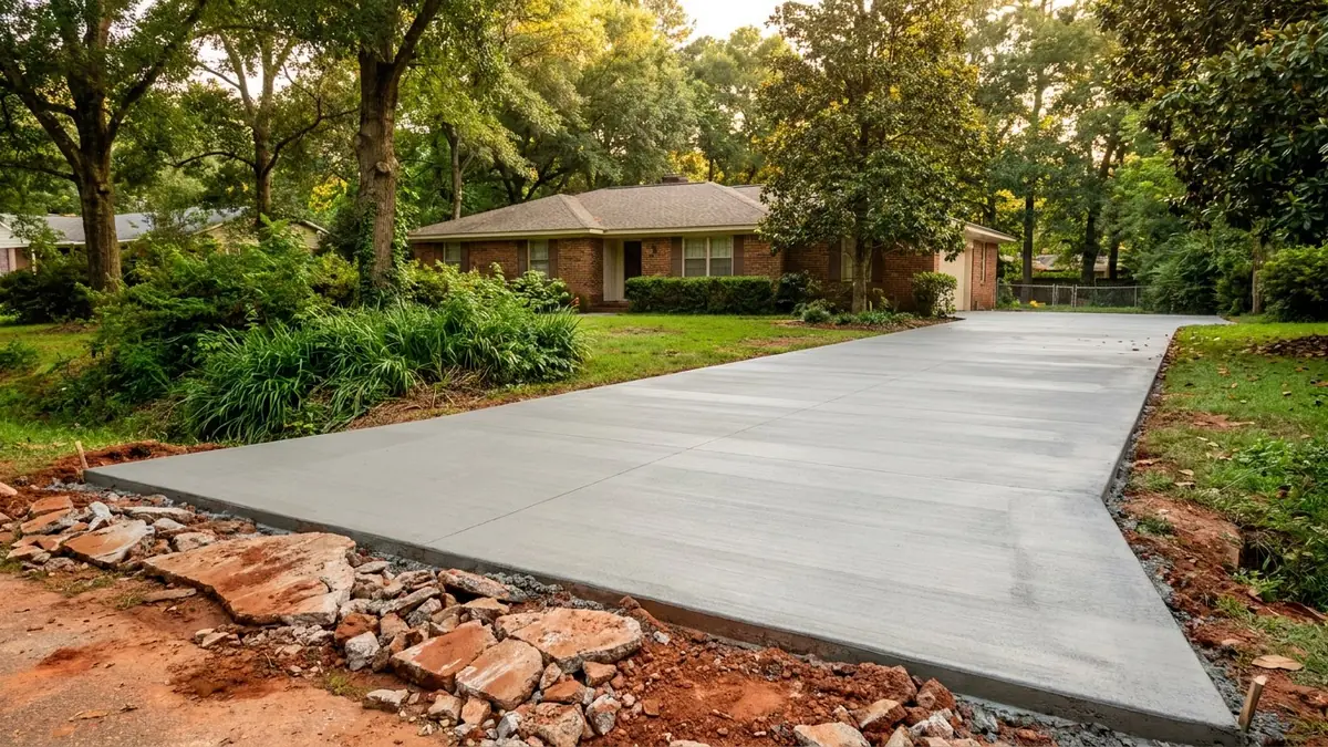 New concrete driveway replacement in Pearl Mississippi Rankin County residential home red clay soil southern Marcus