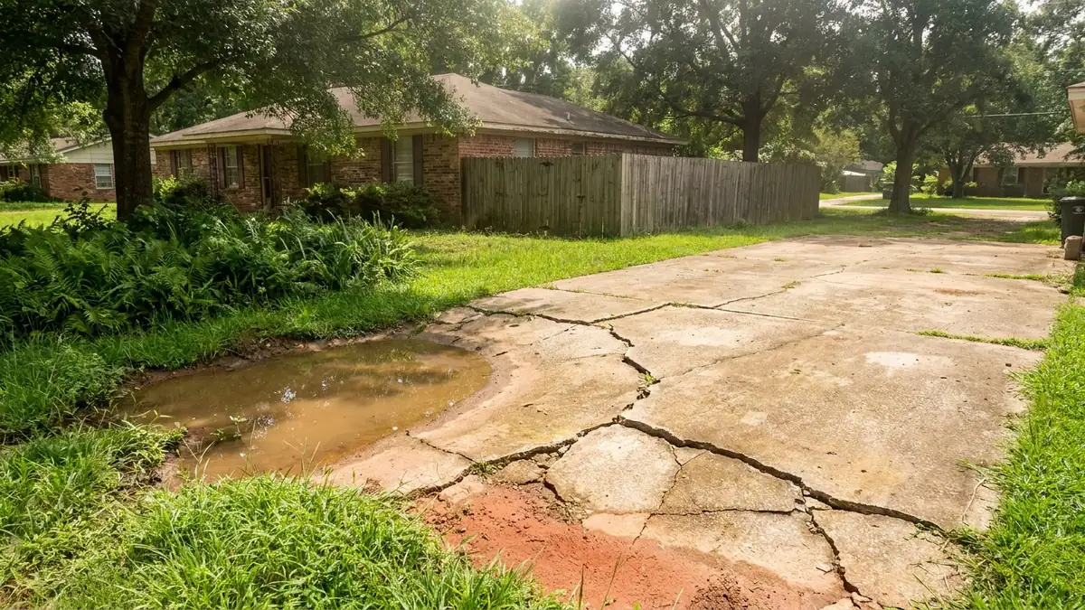 Cracked concrete driveway in Pearl Mississippi Rankin County red clay soil expansion settlement standing water drainage failure before Marcus