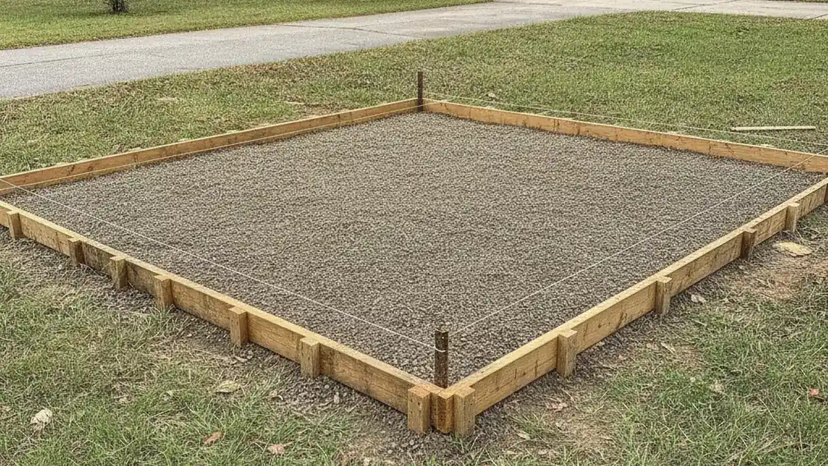 Gravel base and wooden forms prepared for a Pearl driveway